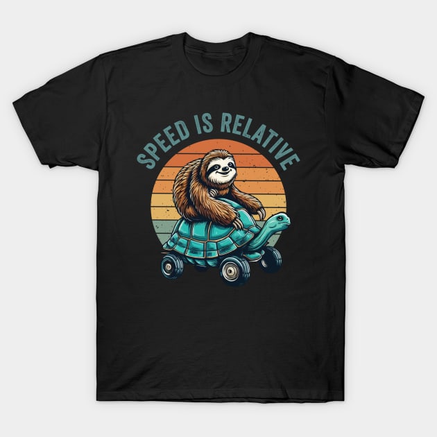 Funny Vintage Lazy Sloth Riding Tortoise Speed is Relative T-Shirt by CoolQuoteStyle